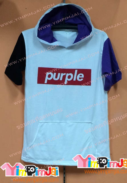 เสื้อฮู้ด เสื้อรุ่น สีขาว แขนสั้น ดำข้าง น้ำเงินข้าง สกรีนตามสั่ง Purple Staff
