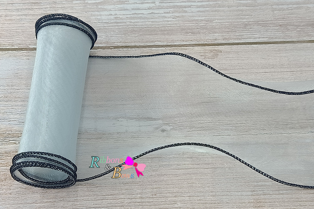 ริบบิ้นผ้าเย็บขอบสีดำ ผ้าไหมแก้ว ขนาด 10 ซม. (ขายเป็นหลา)