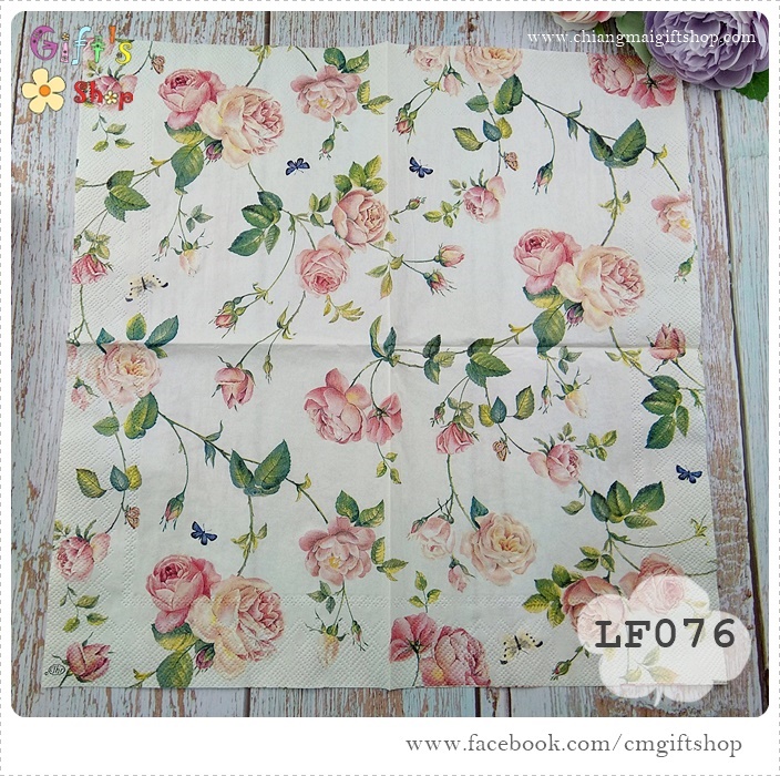 กระดาษแนปกิ้น ,ลายดอกกุหลาบ, ลายNew Rambling rose cream, ลายดอกกุหลาบสีชมพูอ่อน, ลายดอกกุหลาบเลื้อย, พื้นหลังสีครีม
