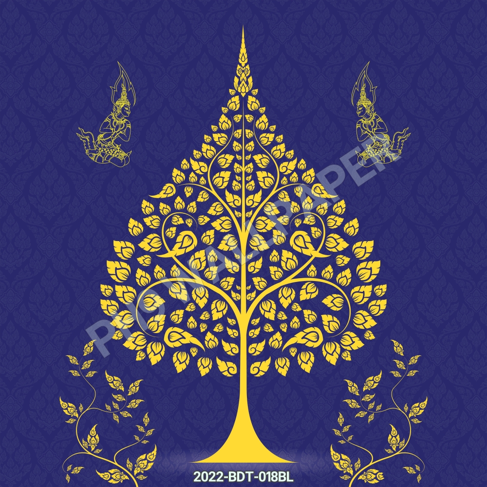 วอลเปเปอร์ติดผนังลายไทย ภาพต้นโพธิ์-เทวดา สีแดง/น้ำเงิน/เขียว/น้ำตาล CV-2023-BDT-018