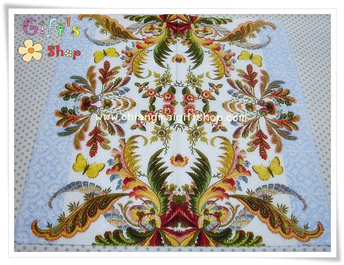 กระดาษแนปกิ้น ลายดอกไม้ ใบไม้ ผีเสื้อ วินเทจ พื้นหลังสีขาว