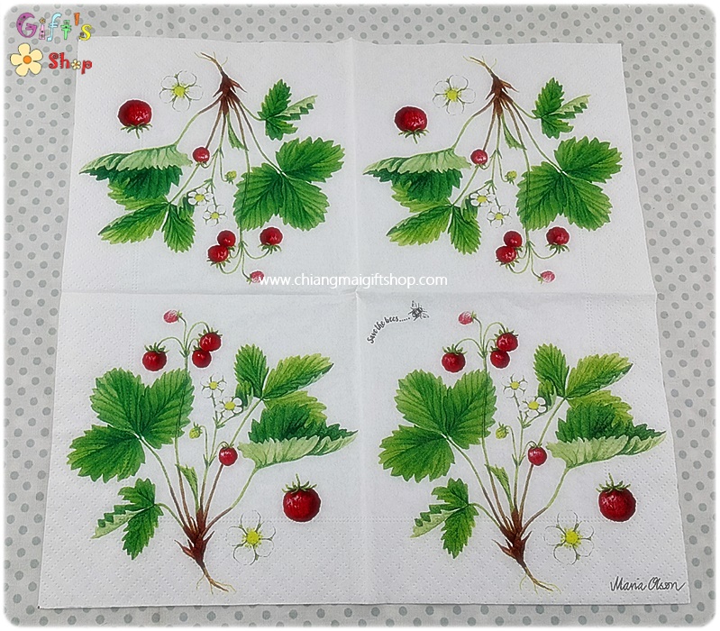 กระดาษแนปกิ้น ลายสตรอเบอร์รี่สีแดง, ลายสตรอเบอร์รี่ป่า, ลายต้นสตรอเบอร์รี่, พื้นหลังสีขาว, Wild Strawberry