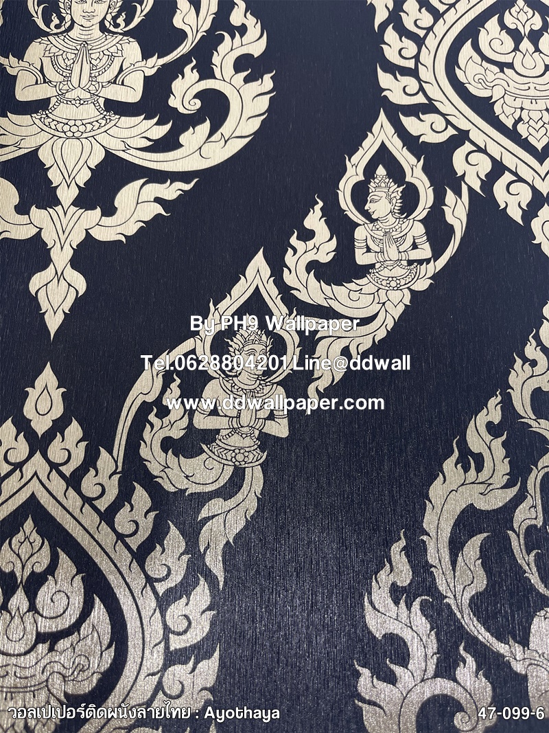 วอลเปเปอร์ติดผนัง ลายเทพพนม สีทอง-พื้นดำ 47-099-6