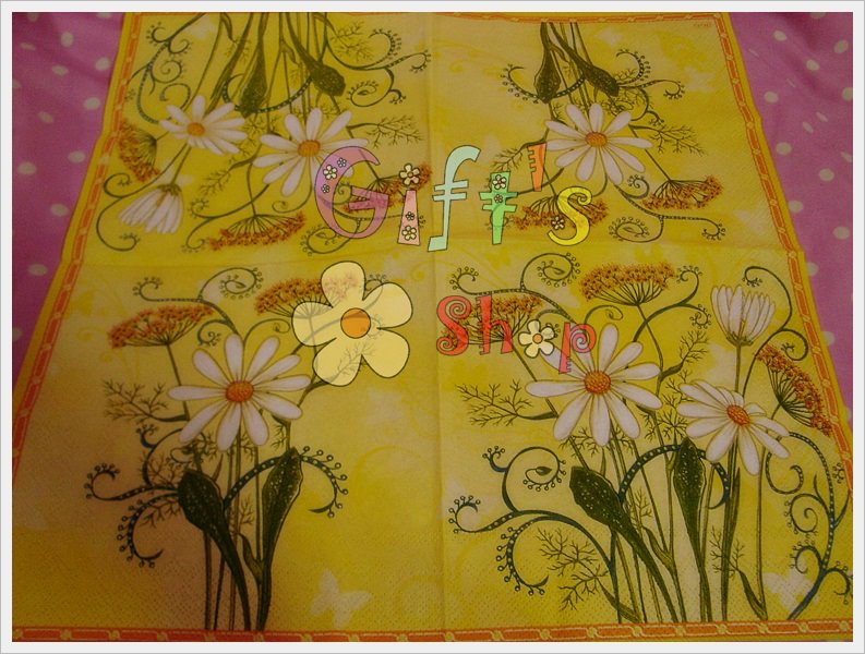 กระดาษแนปกิ้น ลายดอกไม้สีขาว พื้นสีเหลือง