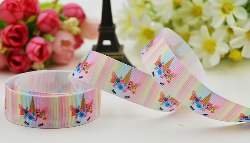 ริบบิ้นผ้าพิมพ์ลาย ม้ายูนิคอร์น (Unicorn) กว้าง 22 mm #PN33