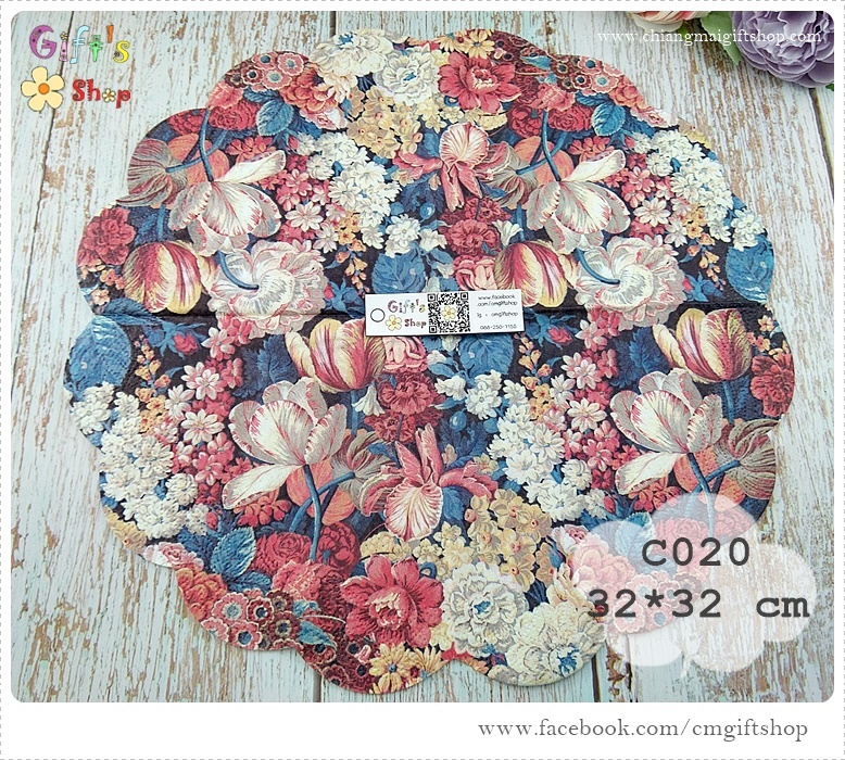 กระดาษแนปกิ้นวงกลม ลายดอกไม้หลายสี, ลายดอกทิวลิป, ลายFlower Splendor, ลายดอกไม้พื้นหลังสีเข้ม เส้นผ่านศูนย์กลาง32ซม.