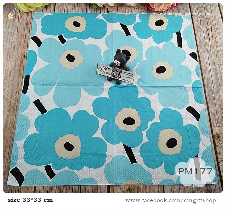 กระดาษแนปกิ้นยุโรป, ลายดอกไม้สีฟ้าเทอร์ควอยซ์เกสรสีดำเทาอ่อน, ลายดอกไม้สีฟ้า, ลาย UNIKKO turquoise, ลายของ marimekko, marimekko, พื้นหลังสีขาว, ลายดอกไม้ใหญ่ๆ