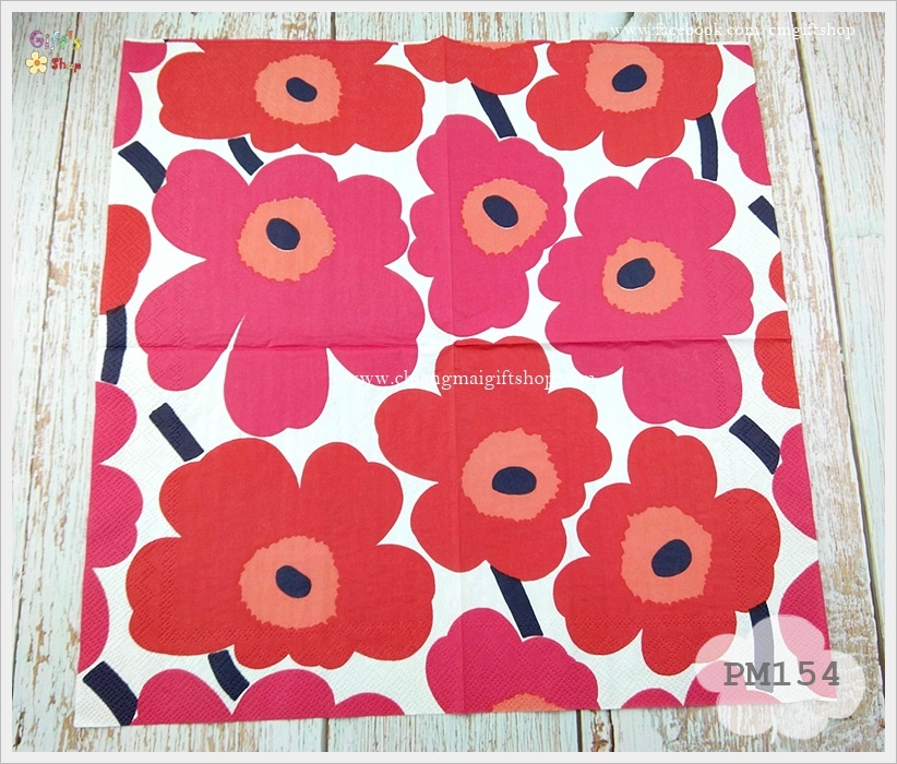 กระดาษแนปกิ้นยุโรป, ลายดอกไม้ ลาย UNIKKO red โทนสีส้มแดง ชมพูเข้ม, ลายของ marimekko, ดอกไม้สีส้ม, ดอกไม้สีแดง, ดอกไม้สีชมพูเข้ม, พื้นหลังสีขาว