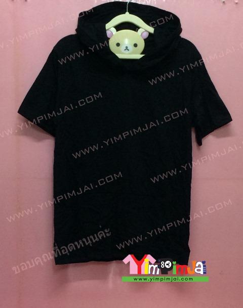 เสื้อฮู้ด สีดำ แขนสั้น หมวก สกรีนตามสั่ง เสื้อเปล่า