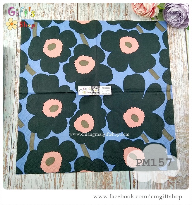 กระดาษแนปกิ้นยุโรป, ลายดอกไม้ , ลาย UNIKKO green blue โทนสีเขียว, ลายของ marimekko ดอกไม้สีเขียว, พื้นหลังสีฟ้า
