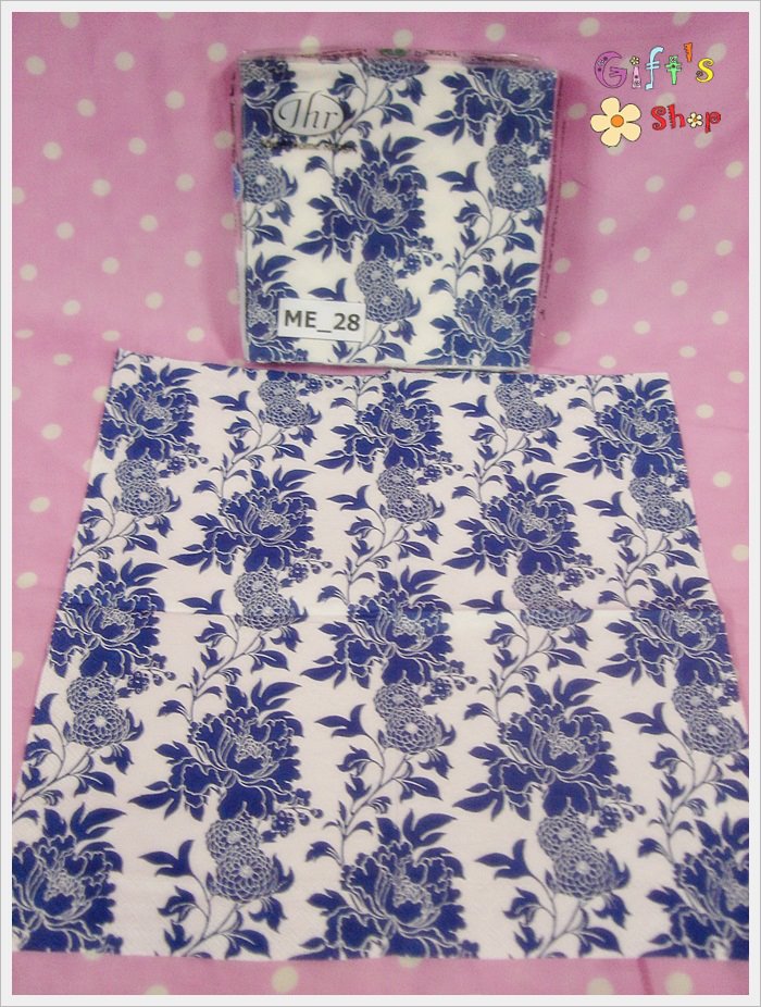กระดาษแนปกิ้น ลายดอกไม้สีน้ำเงิน พื้นสีขาว