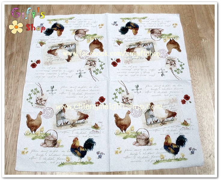 กระดาษแนปกิ้นยุโรป, ลายครอบครัวไก่, ลายไก่ตัวผู้, ลายไก่ตัวเมีย, ลายไข่ไก่, ลายแสตมป์, ลายดอกกุหลาบสีแดง, พื้นหลังสีขาว, ลายวินเทจ, ลายอีสเตอร์