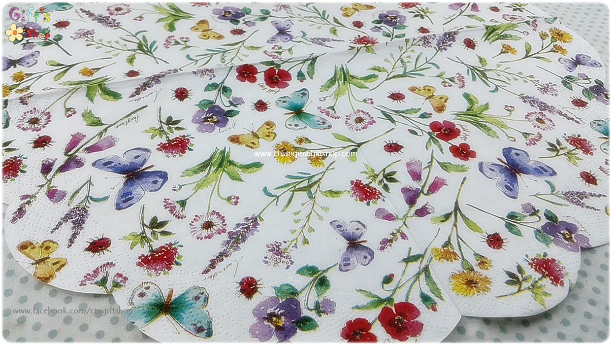 กระดาษแนปกิ้นวงกลม ลายดอกไม้เล็ก ๆ และผีเสื้อ ลายดอกไม้หลายสี Summer Flowers white พื้นหลังสีขาว