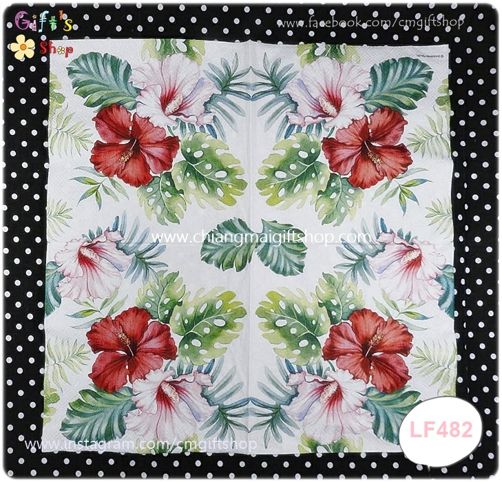 กระดาษแนปกิ้น ลายดอกชบาสีขาว สีแดง ตกแต่งด้วยใบไม้สีเขียว พื้นหลังสีขาว HIBISCUS FLORAL WHITE