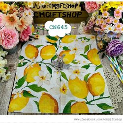 กระดาษแนปกิ้น, ลายเลม่อน, ลายมะนาว, ลายดอกไม้สีขาว, ลายผลไม้, พื้นหลังสีขาว