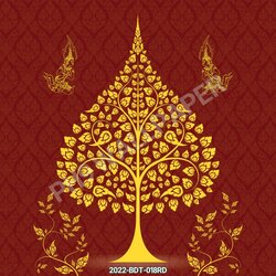 วอลเปเปอร์ติดผนังลายไทย ภาพต้นโพธิ์-เทวดา สีแดง/น้ำเงิน/เขียว/น้ำตาล CV-2023-BDT-018