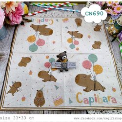 กระดาษแนปกิ้น, ลายคาปิบาร่ากับลูกโป่ง, ลายคาปิบาร่า, ลายสัตว์น่ารัก, ลายสัตว์, ลายปาร์ตี้, ลายสวนสัตว์, ลายเด็กๆ, ลายเค้ก, ลายลูกโป่ง, พื้นหลังสีครีมอ่อน