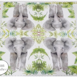 กระดาษแนปกิ้น ลายช้างสีเทา หูใหญ่ ใบไม้สีเขียวหลายแบบ พื้นหลังสีขาว Tropical Elephant