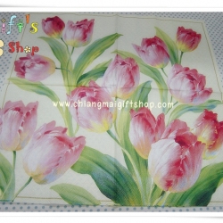 กระดาษแนปกิ้น ลายดอกทิวลิป ดอกไม้ สีแดง ชมพู พื้นหลังสีครีม