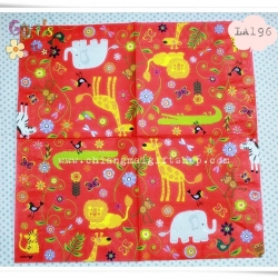 กระดาษแนปกิ้นยุโรป, ลายช้าง, ลายยีราฟ, ลายลิง, ลายดอกไม้, ลายม้าลาย, ลายผีเสื้อ, ลายนก, ลายสวนสัตว์, พื้นหลังสีแดง