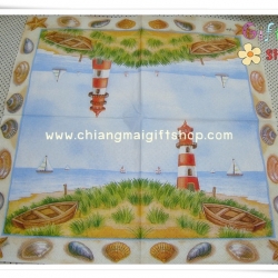 กระดาษแนปกิ้น ลายประภาคาร เรือใบ ทะเล หอย ปลาดาวพื้นหลังสีฟ้า