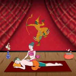 สติ๊กเกอร์ตกแต่งผนัง กระจก ร้านสปาไทย ร้านนวดไทย (ST-SPA6) ภาพคนนวด-ฉากหลังรามเกียรติ์-ลายไทย ST-SPA6