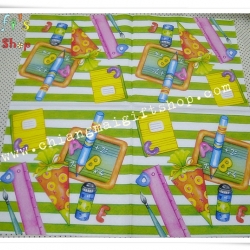 กระดาษแนปกิ้นยุโรป, ลายอุปกรณ์เครื่องเขียน, พื้นหลังลายขวางสีเขียวขาว, ลายเครื่องเขียน, ลายไม้บรรทัด, ลายดินสอ, ลายสมุด, ลายลูกอม, ลายเด็กๆ