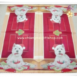 กระดาษแนปกิ้น ลายสุนัข ประตู สีแดง พื้นหลังสีส้ม