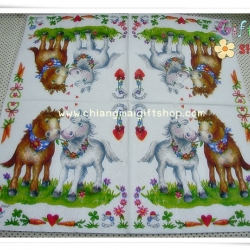 กระดาษแนปกิ้น ลายม้า คู่รัก บ่าวสาว ดอกไม้ หัวใจ พื้นหลังสีขาว