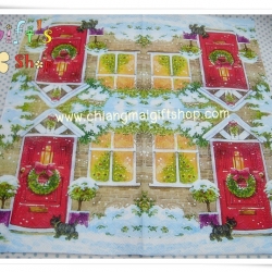 กระดาษแนปกิ้น ลายวันคริสต์มาส ประดูสีแดง พวงมิสเซิลโท หิมะ ฤดูหนาว สุนัข หมา