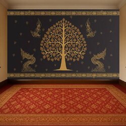 วอลเปเปอร์ภาพพิมพ์ ต้นโพธิ์-เทวดา-พญานาค ดีไซน์ใหม่ล่าสุด สีดำ CV-BDT2025-005BK
