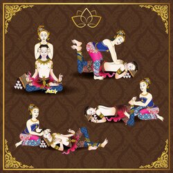 สติ๊กเกอร์แต่งร้านสปา ร้านนวด ภาพการ์ตูนท่านวดต่างๆ พื้นหลังลายไทย ST-2023-SPA1-009BW