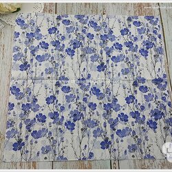 กระดาษแนปกิ้น ลายดอกไม้สีฟ้าน้ำเงินก้านสีดำ พื้นหลังสีขาว ลายคราม Flax plants, ลายโทนสีน้ำเงินขาว