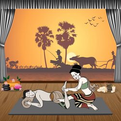 สติ๊กเกอร์ตกแต่งผนัง กระจก ร้านสปาไทย ร้านนวดไทย (ST-SPA7) ภาพคนนวด-ฉากหลังภาพชาวนา ทุ่งนา วิถีไทย ST-SPA7