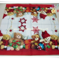 กระดาษแนปกิ้น ลายตุ๊กตาหมีน้อย วันคริสต์มัส กล่องของขวัญ