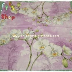 กระดาษแนปกิ้น ลายดอกไม้สีขาว พื้นหลังสีม่วงอ่อน