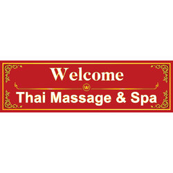 สติ๊กเกอร์ป้าย "Welcome Thai Massage & Spa" ตกแต่งกรอบด้วยลวดลายไทย สวยงาม เหมาะสำหรับตกแต่งร้านนวด ร้านสปาไทย แดง/ดำ/เขียว/น้ำเงิน/น้ำตาล WL14(60x18cm)