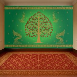 วอลเปเปอร์ภาพพิมพ์ ต้นโพธิ์-เทวดา-พญานาค ดีไซน์ใหม่ล่าสุด สีเขียว CV-BDT2025-005GN