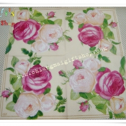 กระดาษแนปกิ้น ลายดอกกุหลาบบานสีแดง ชมพู พื้นหลังสีครีม ขอบสีทอง