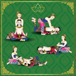 สติ๊กเกอร์แต่งร้านสปา ร้านนวด ภาพการ์ตูนท่านวดต่างๆ พื้นหลังลายไทย ST-2023-SPA1-009GN