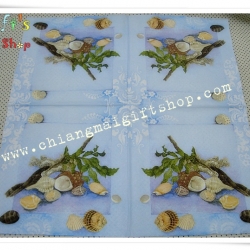 กระดาษแนปกิ้น ลายเปลือกหอยทะเล พื้นหลังสีฟ้า, ลายทะเล, ลายเรือ, ลายแนวทะเล