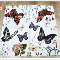 กระดาษแนปกิ้น ลายผีเสื้อ สีขาว ดำ ฟ้า แดง ส้ม ตอมดอกไม้ พื้นหลังสีขาว