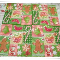 กระดาษแนปกิ้น ลายขนมวันคริสต์มาส ลูกอม เกล็ดหิมะ ซาสตาครอส พื้นหลังลายสก็อต สีเขียวแดง