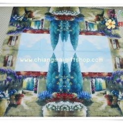 กระดาษแนปกิ้น ลายสวนดอกไม้ พื้นหลังสีฟ้า เขียวขี้ม้า