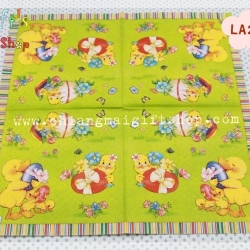 กระดาษแนปกิ้นยุโรป, ลายไข่อีสเตอร์, ลูกเจี๊ยบ, พื้นหลังสีเขียว, ขอบลายทาง, ลายไข่, เทศกาลอีสเตอร์