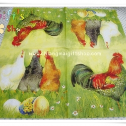 กระดาษแนปกิ้นยุโรป, ลายไก่ตัวผู้, ไก่ตัวเมีย, ไข่, ในทุ่งหญ้า, พื้นหลังสีเขียว, ลายไข่, ลายไข่อีสเตอร์, เทศกาลอีสเตอร์