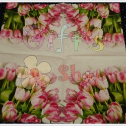 กระดาษแนปกิ้น ลายดอกทิวลิปสีชมพู พื้นหลังสีขาว