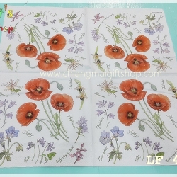 กระดาษแนปกิ้น ลาย Poppy Harmony ดอกไม้สีแดง พื้นหลังสีขาว