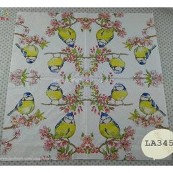 กระดาษแนปกิ้น ลายนกสีเขียวน้ำเงิน, Summer Choir, ลายนกเกาะกิ่งดอกไม้สีชมพู, ลายดอกไม้, ลายดอกซากูระ, ลายดอกไม้สีชมพู, ลายกิ่งไม้มีดอกไม้สีชมพู, ลายนก, ลายนกหลายตัว, พื้นหลังสีขาว