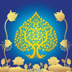 สติ๊กเกอร์ภาพต้นโพธิ์ทอง-ดอกบัว พื้นน้ำเงิน ภาพคมชัดสวยงาม เหมาะสำหรับตกแต่งห้องพระ, ร้านสปาไทย ร้านนวดแผนไทย, ร้านอาหารไทย ST-BDT-SPE-022BL